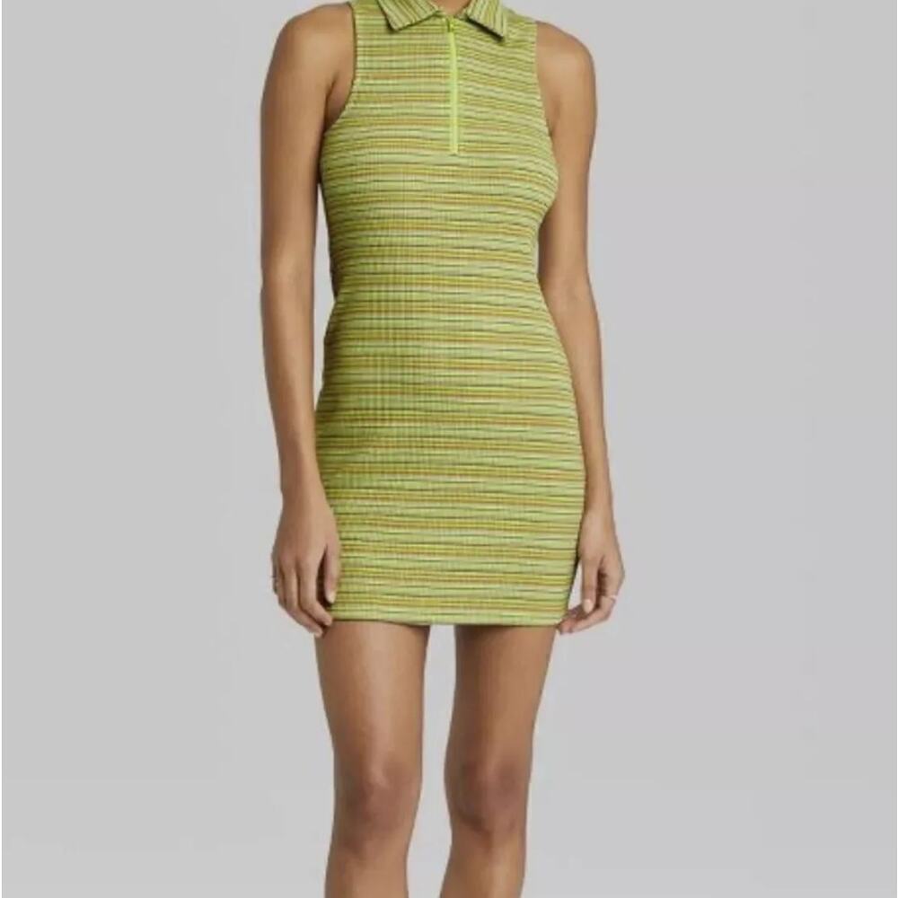 Wild Fable Womens Zip-Front Bodycon Mini Polo Dress Green Apple Fitted Size M